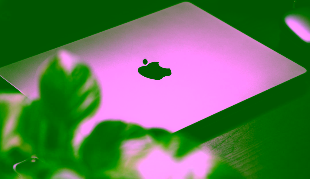 MacBook Pro liegt geschlossen auf dunklem Holztisch, im Vordergrund unscharfe grüne Zimmerpflanze – Symbolbild für professionelle Flexgate Reparatur.
