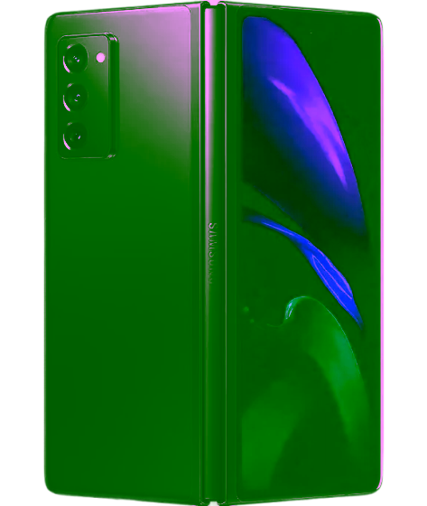 Ein Samsung Z Fold 2 Smartphone mit einem schwarzen Rahmen, auf dessen Bildschirm ein buntes abstraktes Hintergrundbild zu sehen ist, von vorne betrachtet.