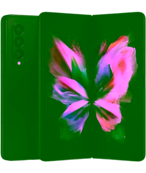 Ein Samsung Z Fold 3 Smartphone mit einem schwarzen Rahmen, auf dessen Bildschirm ein buntes abstraktes Hintergrundbild zu sehen ist, von vorne betrachtet.