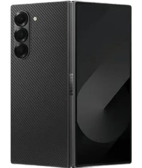 Ein Samsung Z Fold 6 Smartphone mit einem schwarzen Rahmen, auf dessen Bildschirm ein buntes abstraktes Hintergrundbild zu sehen ist, von vorne betrachtet.