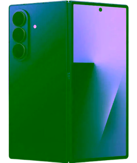 Ein Samsung Z Fold 7 Smartphone mit einem schwarzen Rahmen, auf dessen Bildschirm ein buntes abstraktes Hintergrundbild zu sehen ist, von vorne betrachtet.