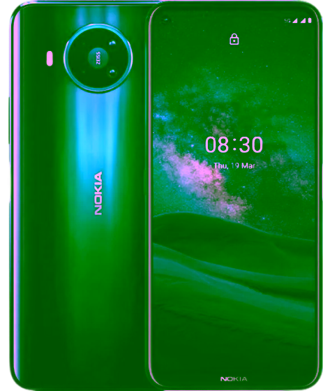 Ein Nokia 8.4 Smartphone mit einem schwarzen Rahmen, auf dessen Bildschirm ein buntes abstraktes Hintergrundbild zu sehen ist, von vorne betrachtet.