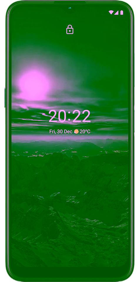 Ein Nokia G21 Smartphone mit einem schwarzen Rahmen, auf dessen Bildschirm ein buntes abstraktes Hintergrundbild zu sehen ist, von vorne betrachtet.