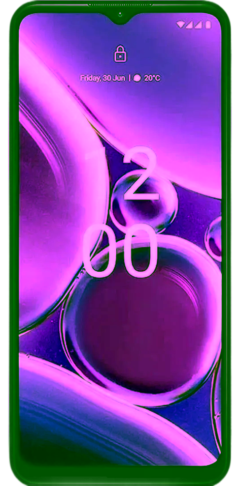 Ein Nokia G42 Smartphone mit einem schwarzen Rahmen, auf dessen Bildschirm ein buntes abstraktes Hintergrundbild zu sehen ist, von vorne betrachtet.