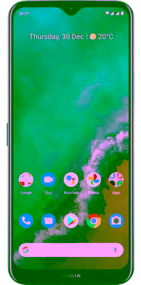 Ein Nokia G50 Smartphone mit einem schwarzen Rahmen, auf dessen Bildschirm ein buntes abstraktes Hintergrundbild zu sehen ist, von vorne betrachtet.