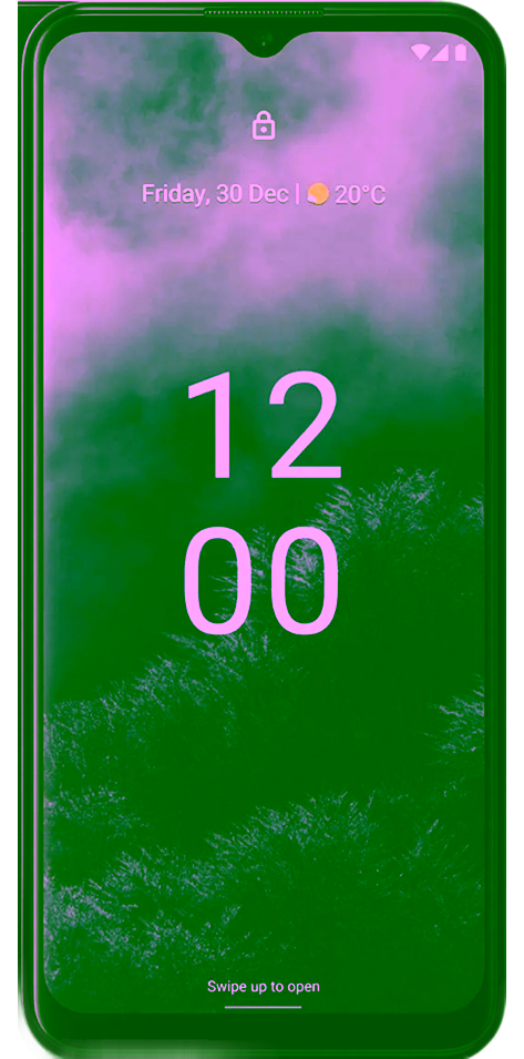 Ein Nokia G60 Smartphone mit einem schwarzen Rahmen, auf dessen Bildschirm ein buntes abstraktes Hintergrundbild zu sehen ist, von vorne betrachtet.