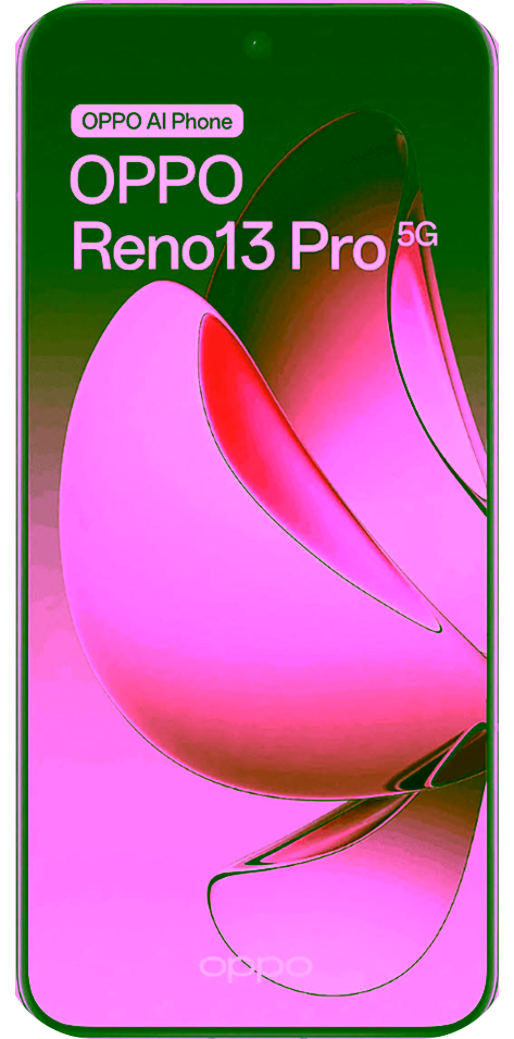 Ein Oppo Reno 13 Pro Smartphone mit einem schwarzem Rahmen, auf dessen Bildschirm ein buntes abstraktes Hintergrundbild zu sehen ist, von vorne betrachtet.