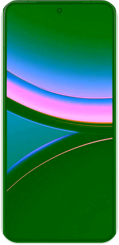 Ein Xiaomi Poco F7 Pro Smartphone mit einem schwarzen Rahmen, auf dessen Bildschirm ein buntes abstraktes Hintergrundbild zu sehen ist, von vorne betrachtet.