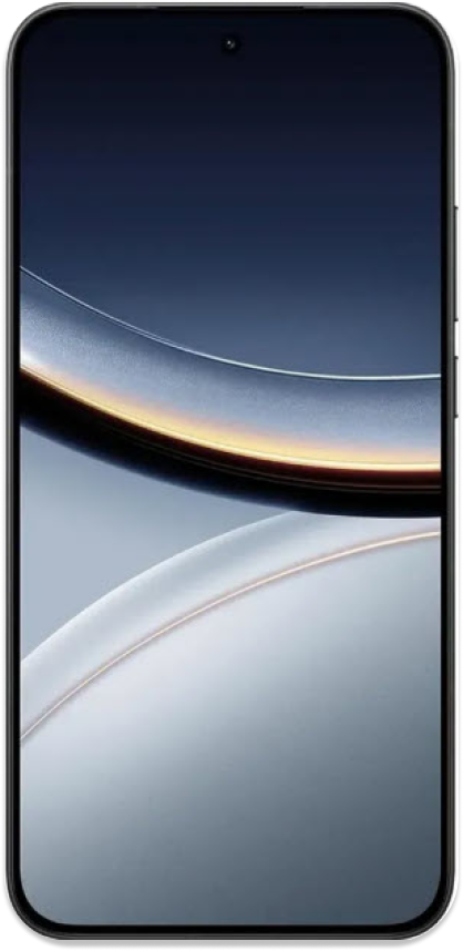 Ein Xiaomi Poco F7 Smartphone mit einem schwarzen Rahmen, auf dessen Bildschirm ein buntes abstraktes Hintergrundbild zu sehen ist, von vorne betrachtet.