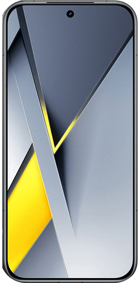 Ein Poco F8 Pro Smartphone mit einem schwarzem Rahmen, auf dessen Bildschirm ein buntes abstraktes Hintergrundbild zu sehen ist, von vorne betrachtet.