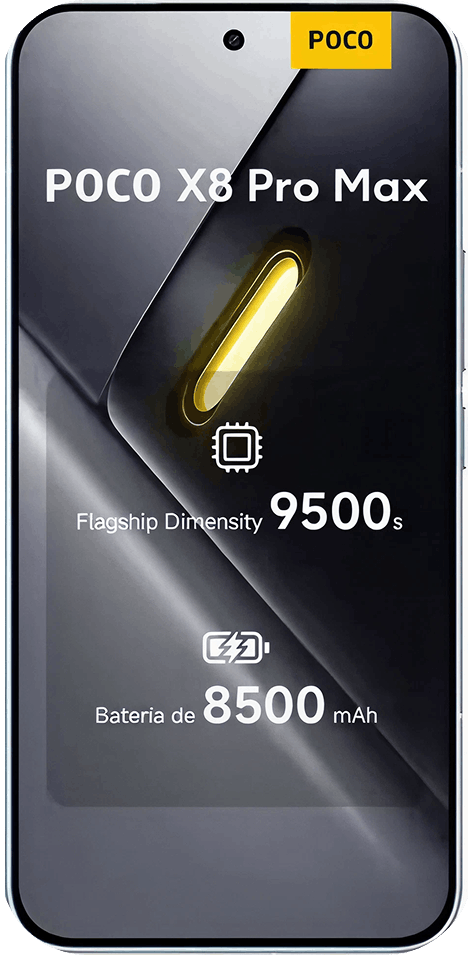 Ein Poco X8 Pro Max Smartphone mit einem schwarzem Rahmen, auf dessen Bildschirm ein buntes abstraktes Hintergrundbild zu sehen ist, von vorne betrachtet.