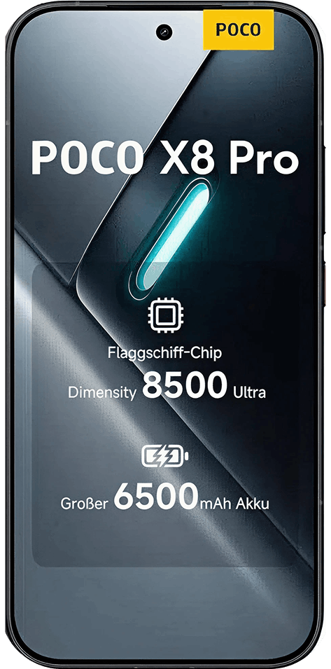 Ein Poco X8 Pro Smartphone mit einem schwarzem Rahmen, auf dessen Bildschirm ein buntes abstraktes Hintergrundbild zu sehen ist, von vorne betrachtet.