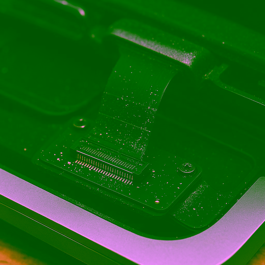 Nahaufnahme eines staubigen elektronischen Anschlusses mit einem Flachbandkabel in einem MacBook. Die Schmutzablagerungen auf den Innenflächen sind deutlich zu erkennen und weisen auf die Notwendigkeit einer Dustgate-Reparatur hin.
