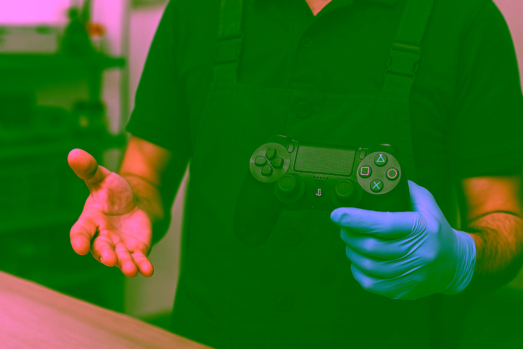 Eine Person in marineblauem Hemd, Latzhose und blauen Handschuhen hält einen Videospiel-Controller in der einen Hand - bereit für die Playstation Reparatur - und gestikuliert mit der anderen.