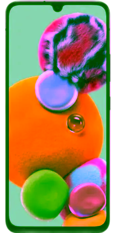 Ein Samsung Galaxy A90 Smartphone mit einem schwarzen Rahmen, auf dessen Bildschirm ein buntes abstraktes Hintergrundbild zu sehen ist, von vorne betrachtet.