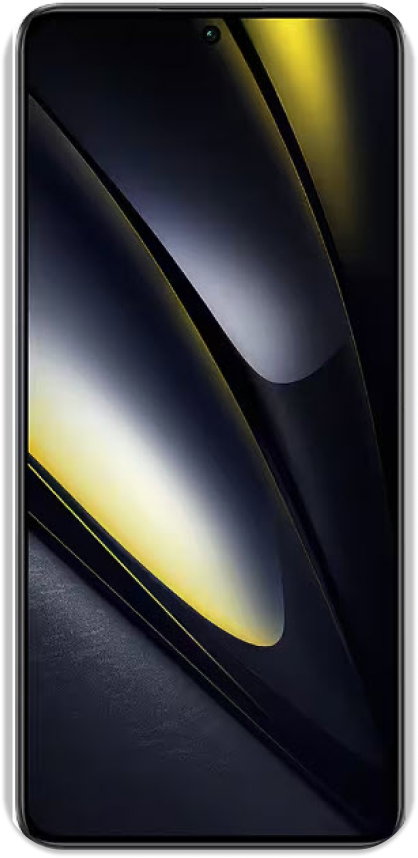 Ein Xiaomi Poco F6 Pro Smartphone mit einem schwarzen Rahmen, auf dessen Bildschirm ein buntes abstraktes Hintergrundbild zu sehen ist, von vorne betrachtet.