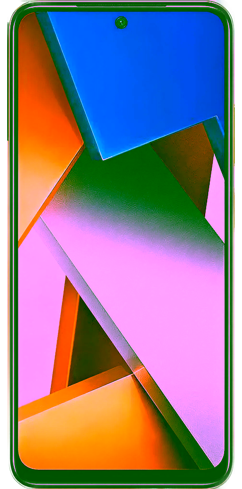 Ein Xiaomi Poco M4 Pro Smartphone mit einem blauen Rahmen, auf dessen Bildschirm ein buntes abstraktes Hintergrundbild zu sehen ist, von vorne betrachtet.