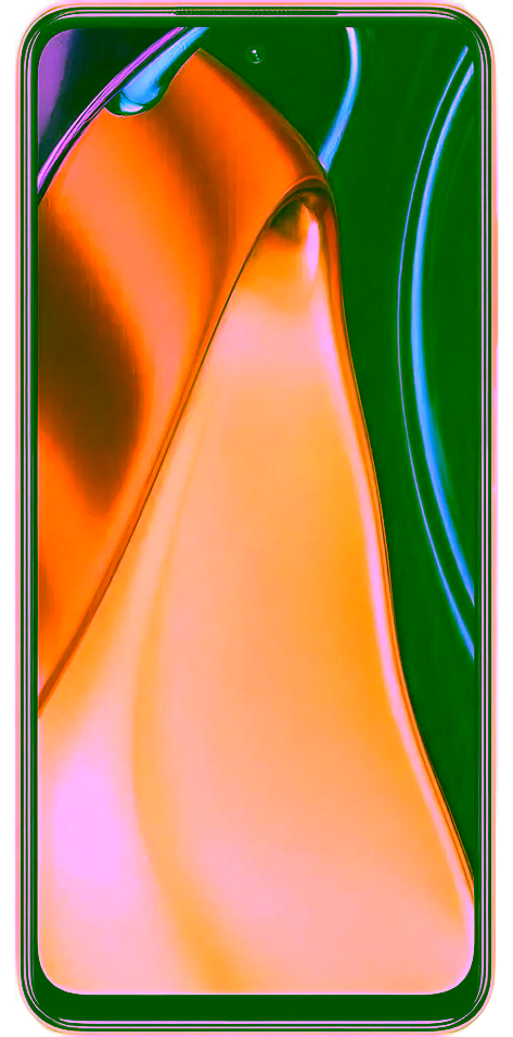 Ein Xiaomi Poco M3 Pro Smartphone mit einem blauen Rahmen, auf dessen Bildschirm ein buntes abstraktes Hintergrundbild zu sehen ist, von vorne betrachtet.