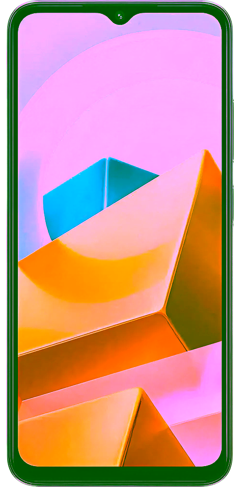 Ein Xiaomi Poco M5 Smartphone mit einem blauen Rahmen, auf dessen Bildschirm ein buntes abstraktes Hintergrundbild zu sehen ist, von vorne betrachtet.