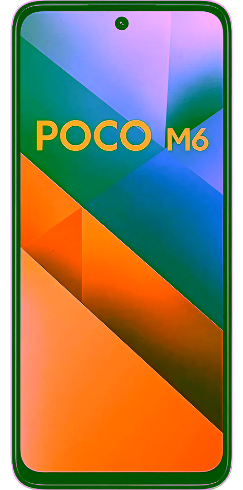 Ein Xiaomi Poco M6 Smartphone mit einem blauen Rahmen, auf dessen Bildschirm ein buntes abstraktes Hintergrundbild zu sehen ist, von vorne betrachtet.