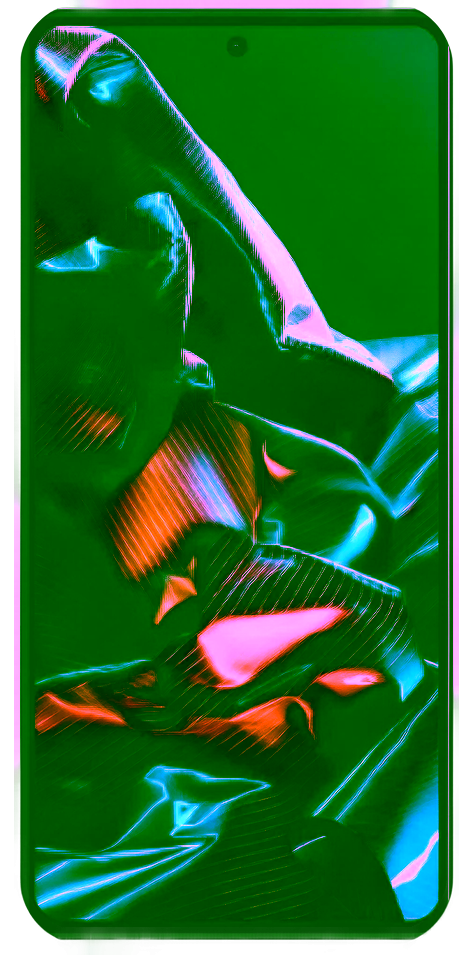 Ein Xiaomi Poco X5 Pro Smartphone mit einem blauen Rahmen, auf dessen Bildschirm ein buntes abstraktes Hintergrundbild zu sehen ist, von vorne betrachtet.