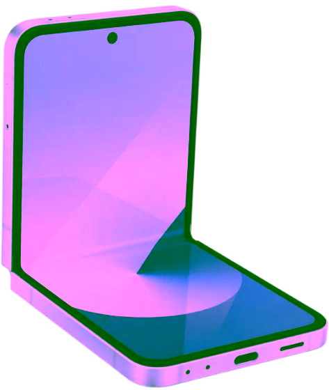 Ein, im 90° Winkel aufgeklapptes, Samsung Flip 6 Smartphone mit einem schwarzen Rahmen, auf dessen Bildschirm ein buntes abstraktes Hintergrundbild zu sehen ist, von vorne betrachtet.