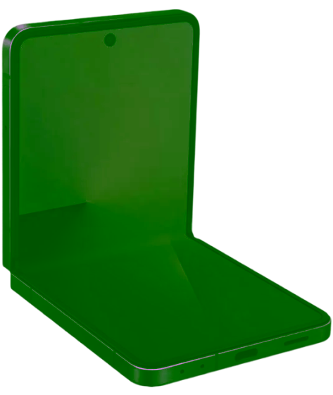 Ein, im 90° Winkel aufgeklapptes, Samsung Flip 7 Smartphone mit einem schwarzen Rahmen, auf dessen Bildschirm ein buntes abstraktes Hintergrundbild zu sehen ist, von vorne betrachtet.